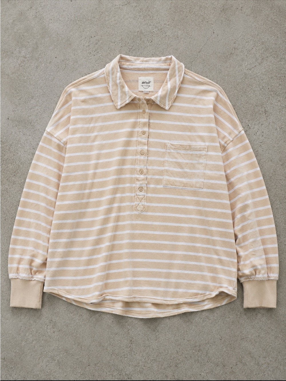 Aerie Rugby Polo Sweatshirt Woman XL Beige White Striped Cotton Oversized 2024